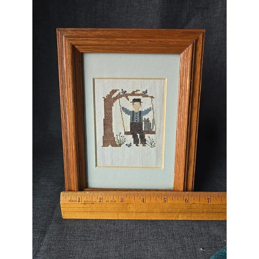 Framed Vintage Finished Cross Stitch Piece Amish Cat Play Day Swinging Birds